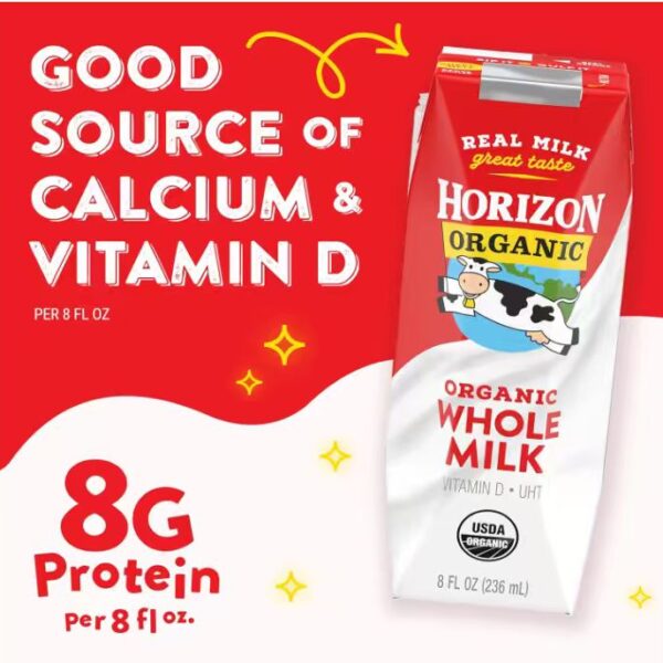 Horizon Organic Shelf Stable Whole Milk Boxes, USDA Certified Organic UHT Milk from Pasture-Raised Cows, No Refrigeration Required, 8 fl oz, 18 Count​